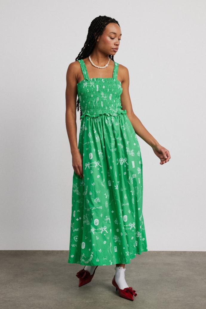 Occasion Wear | Women Damson Madder Keira Shirred Midi Dress - Green Symbol Print