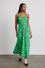Occasion Wear | Women Damson Madder Keira Shirred Midi Dress - Green Symbol Print