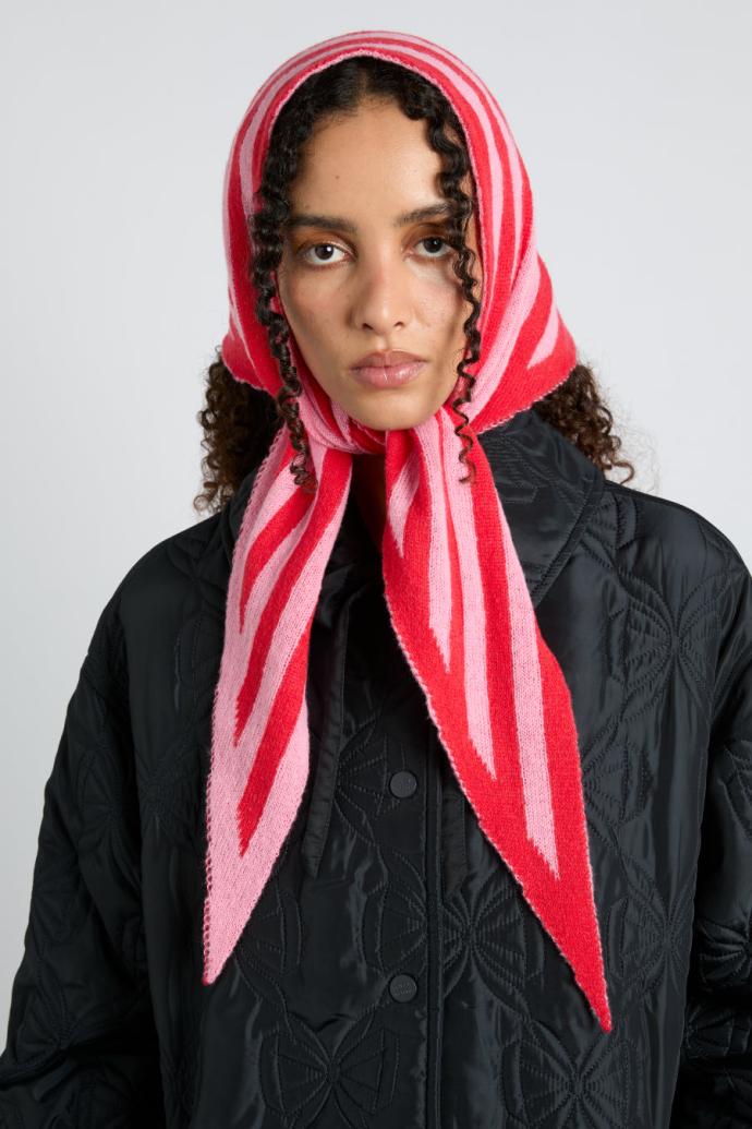 Scarves | Women Damson Madder Knitted Triangle Headscarf In Pink &amp; Red Stripe