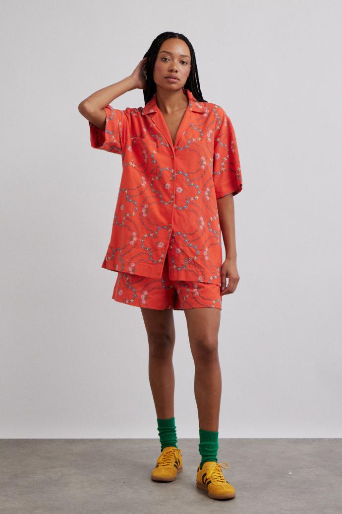 Shorts | Women Damson Madder Table Cloth Shorts - Red Flower Embroidery