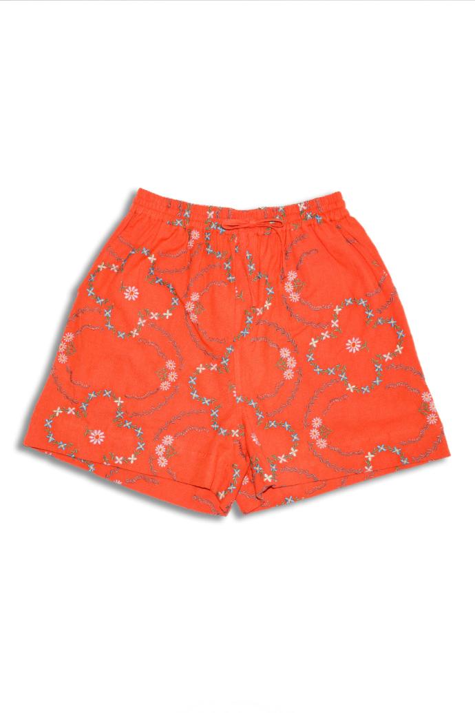 Shorts | Women Damson Madder Table Cloth Shorts - Red Flower Embroidery