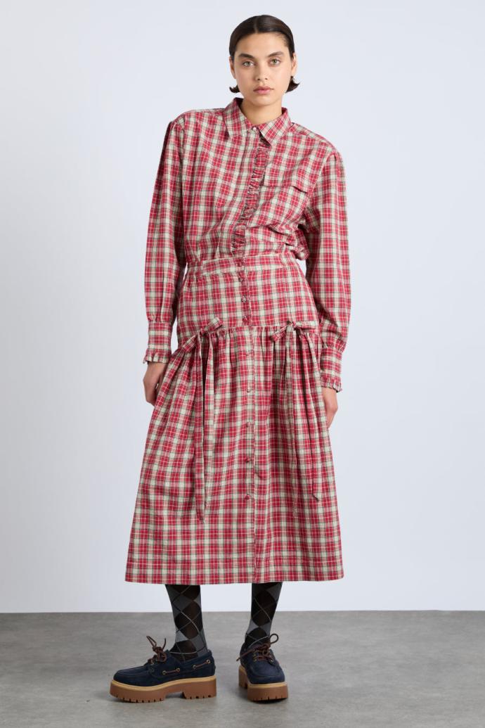 Skirts | Women Damson Madder Bronte Button Through Midi Skirt - Red Check