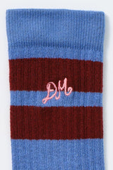 Socks | Women Damson Madder Calf Length Socks - Blue &amp; Burgundy Stripe