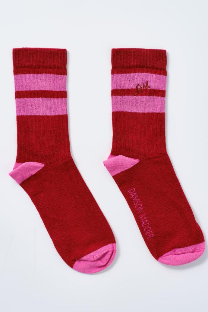 Socks | Women Damson Madder Calf Length Socks - Red &amp; Pink Stripe