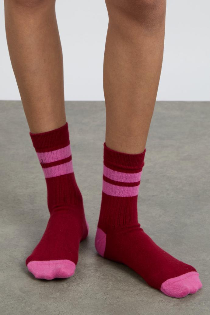 Socks | Women Damson Madder Calf Length Socks - Red &amp; Pink Stripe