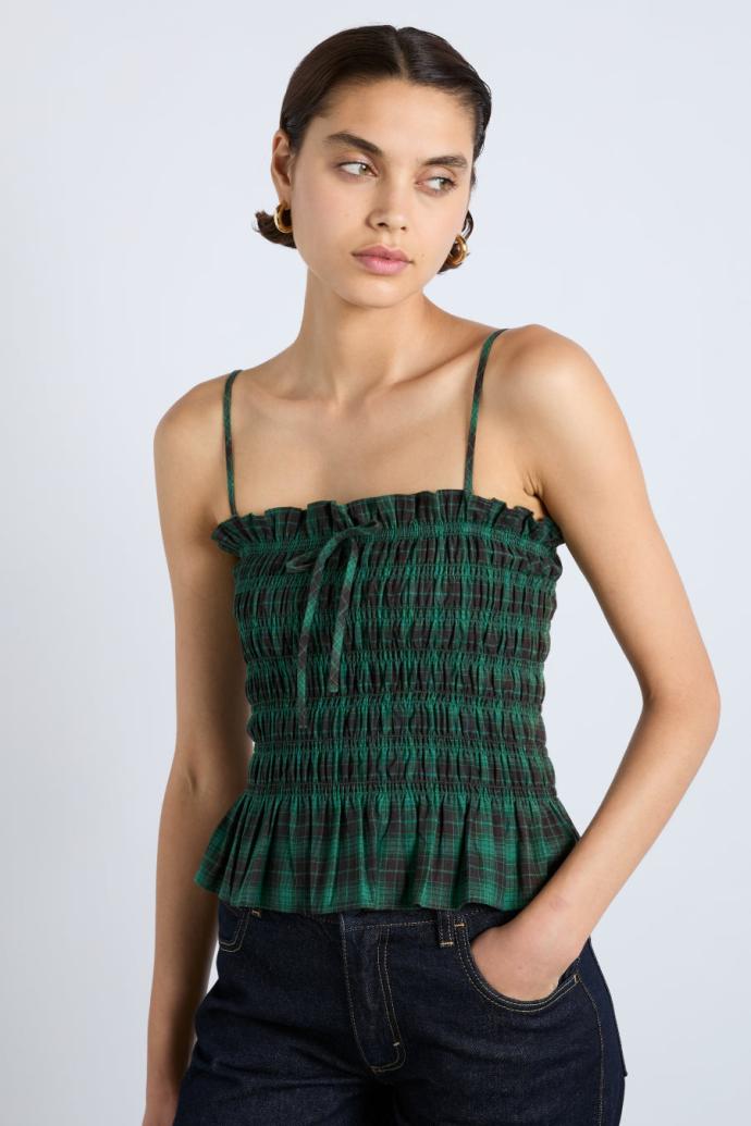 Tops | Women Damson Madder Elsa Shirred Bardot Cami - Green Check