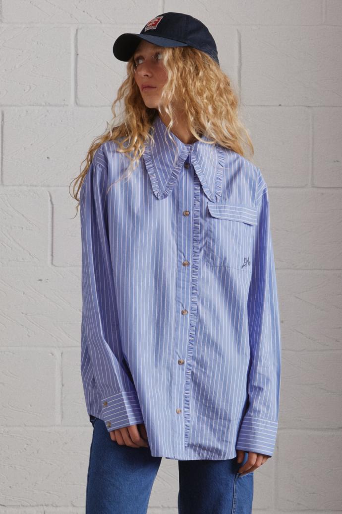 Tops | Women Damson Madder Kendall Ruffle Shirt - Blue Stripe