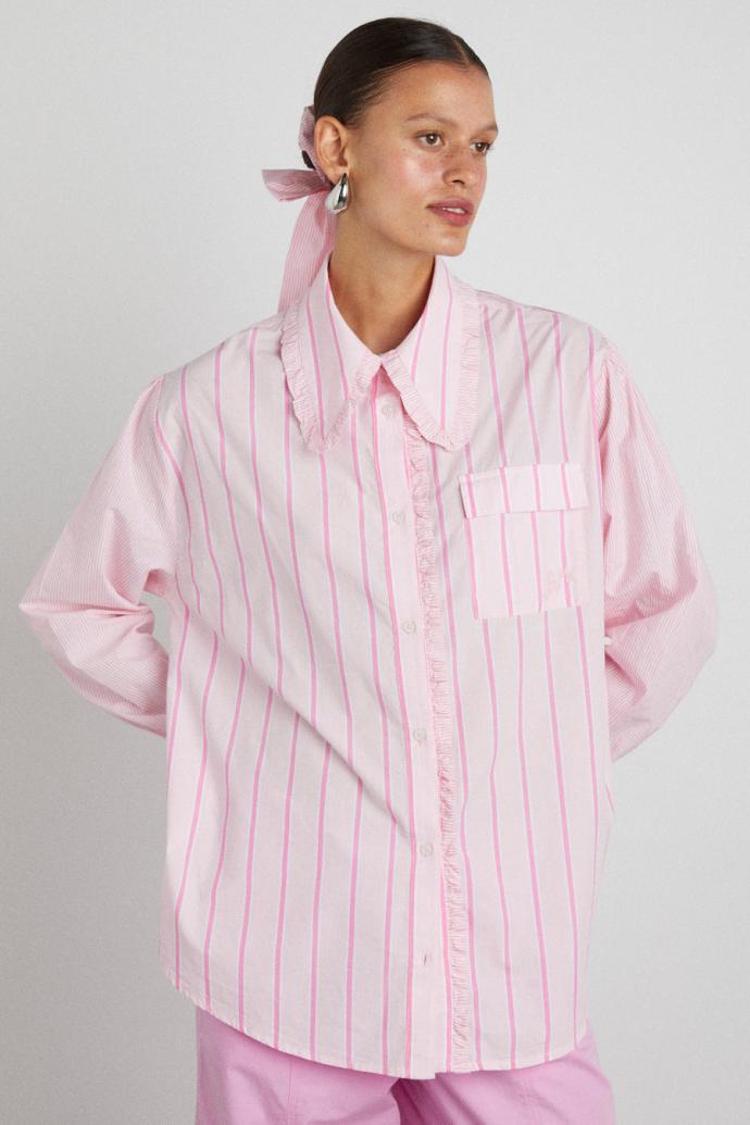 Tops | Women Damson Madder Kendall Ruffle Shirt - Pink Stripe Mix