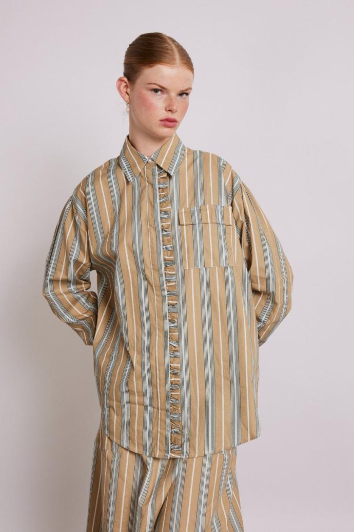 Tops | Women Damson Madder Kylie Ruffle Shirt - Tan Stripe
