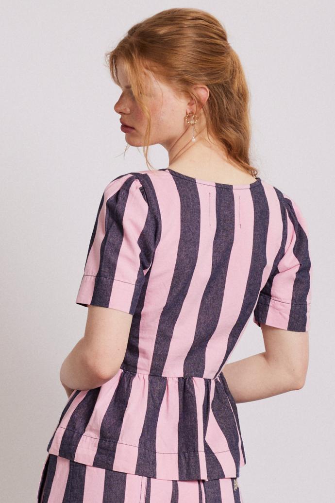 Tops | Women Damson Madder Philly Peplum Blouse - Pink Blue Stripe